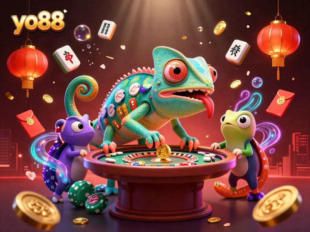 Experience the excitement of yo88 with a vibrant chameleon casino owner amidst festive game elements.