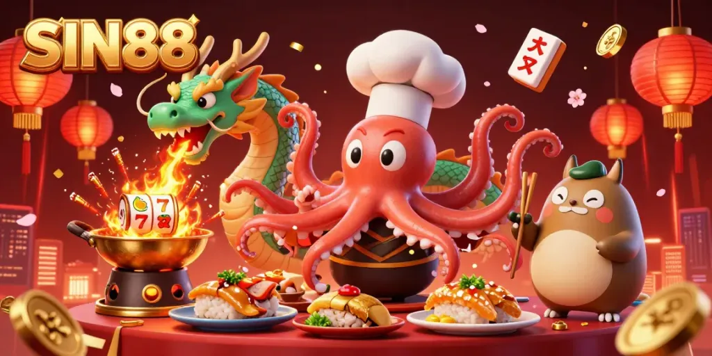 SIN88 showcases a lively 3D sushi chef octopus illuminating the gaming scene with golden slot reels and festive decorations.