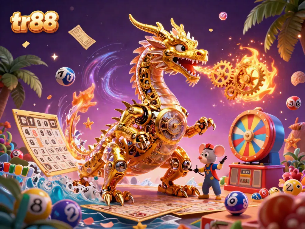 Experience the excitement of tr88 with a dynamic casino scene showcasing a golden dragon amidst energetic gaming elements.