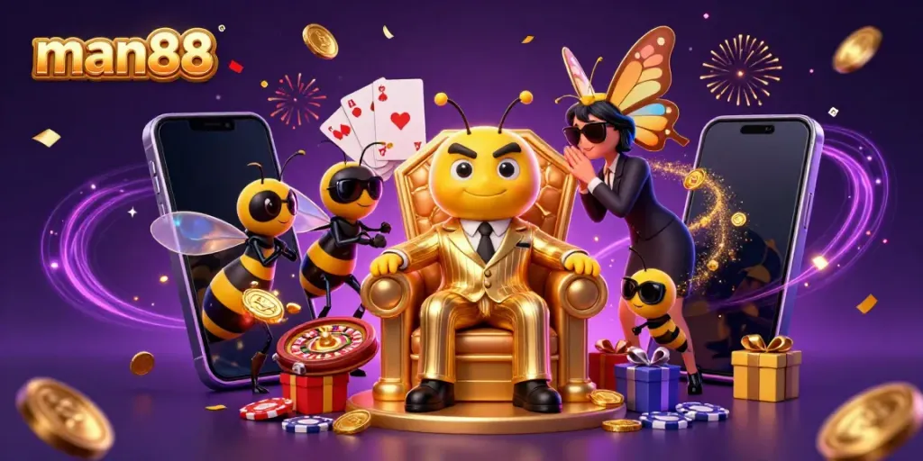 Experience the excitement of man88 with a bumblebee mob boss surrounded by casino elements and thrilling games.
