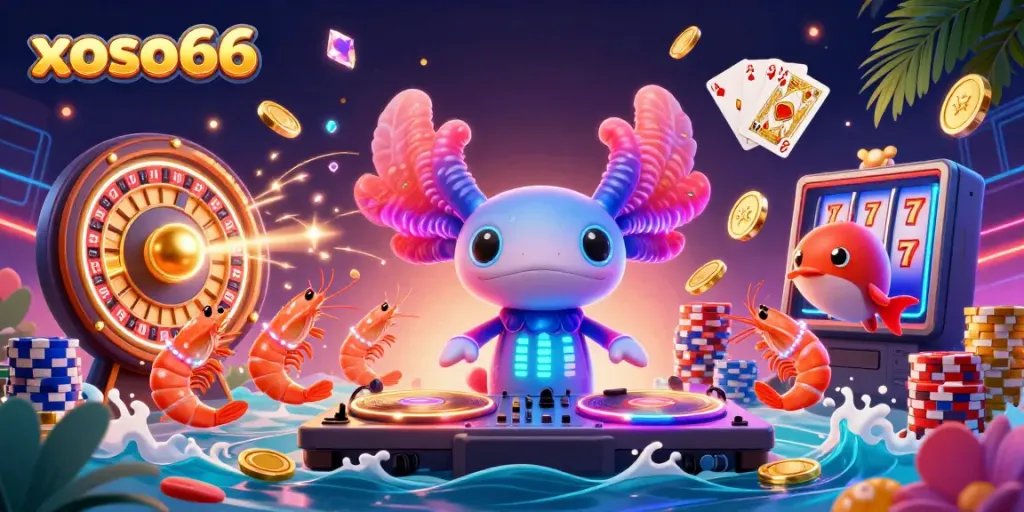 Spin to win with xoso66, where a DJ axolotl mixes vibrant casino vibes!