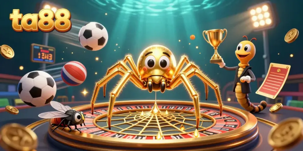 Engage in thrilling bets with ta88 at this dynamic casino scene illustration featuring vibrant game elements.