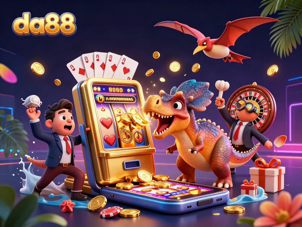 da88 features a pachycephalosaurus jackpot celebration amid flying coins and colorful gaming elements.