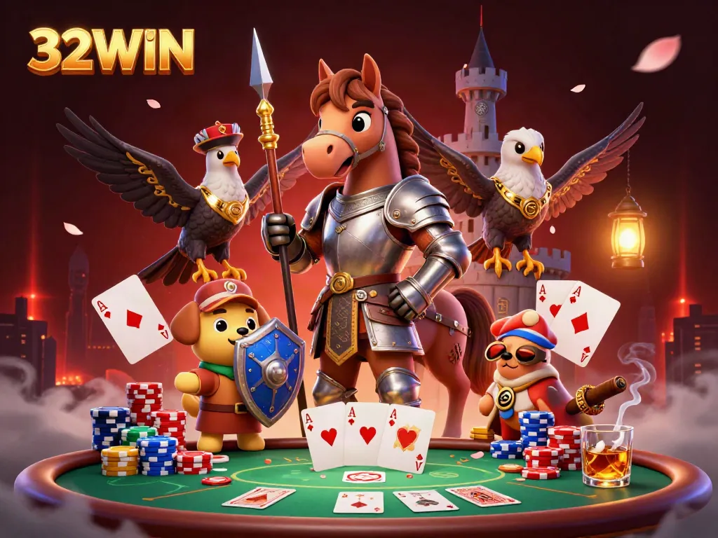 32WIN showcases a dynamic casino scene with a knight, puppy, and falcon engaging in a poker game surrounded by colorful chips.