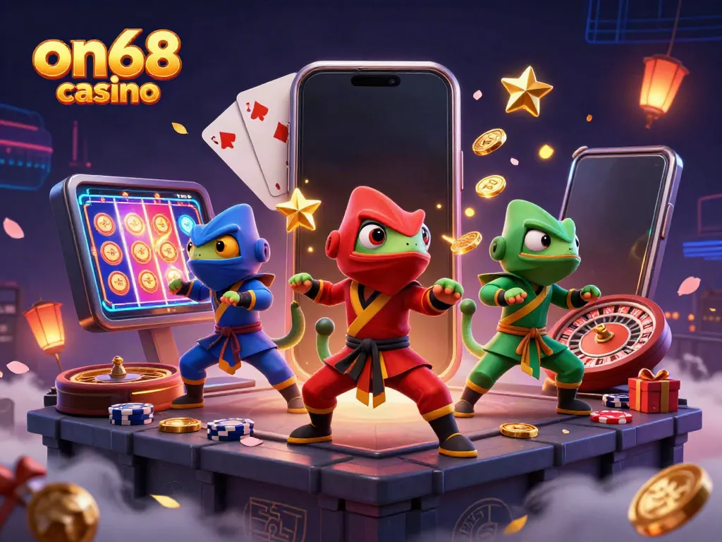 Engage with the thrilling on68 casino atmosphere in this lively 3D illustration of ninja chameleons exhibiting martial arts amidst dynamic gaming elements.