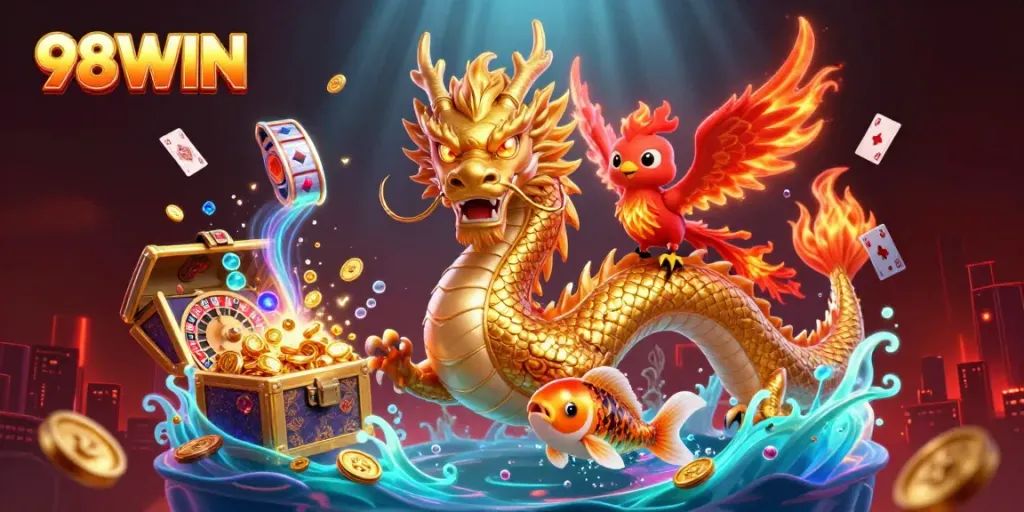 Experience the thrill of 98WIN with dazzling dragons, coins, and casino elements!