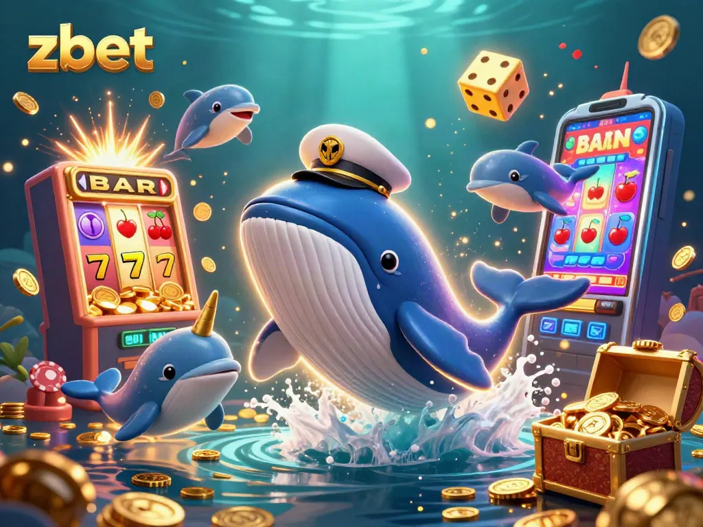 Engage with zbet's thrilling online experience featuring a whale in a sea of coins and playful dolphins.