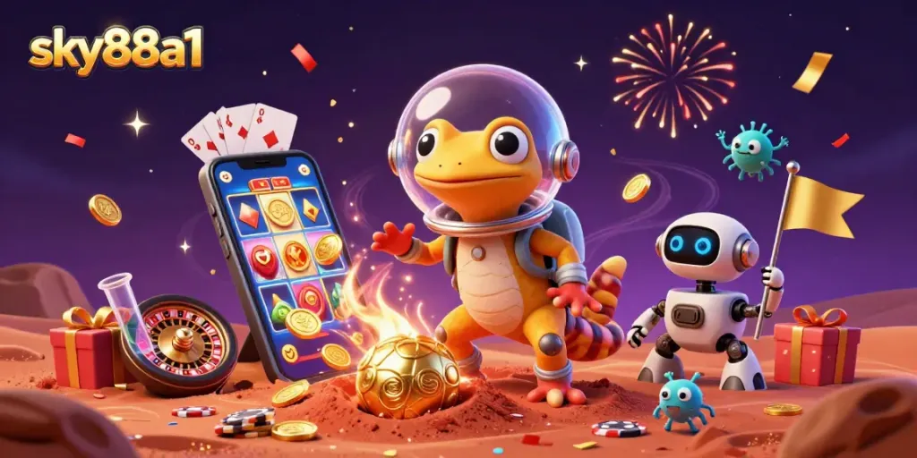 Experience excitement with sky88a1 as a Martian gecko finds a golden casino in this vibrant scene.