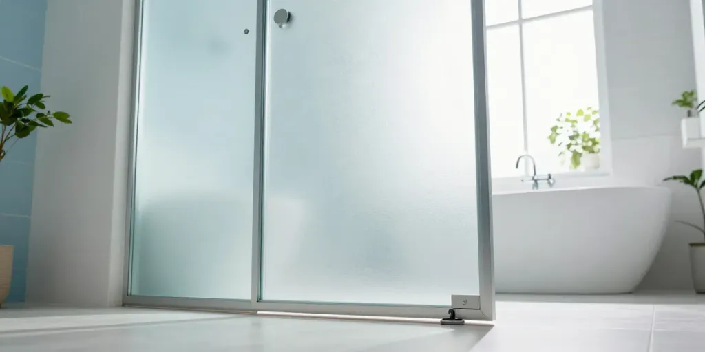 Stylish Pintu uPVC kamar mandi in a modern bathroom design featuring natural light and elegant elements.