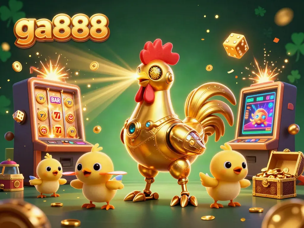 Engage in exciting action at ga888 with a dynamic 3D rooster robot and baby chick drones surrounded by jackpot elements.
