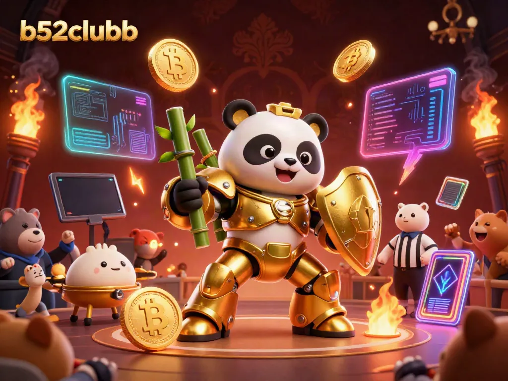 Engage with b52clubb's thrilling games in a vibrant 3D casino illustration featuring a mech-suit golden panda.