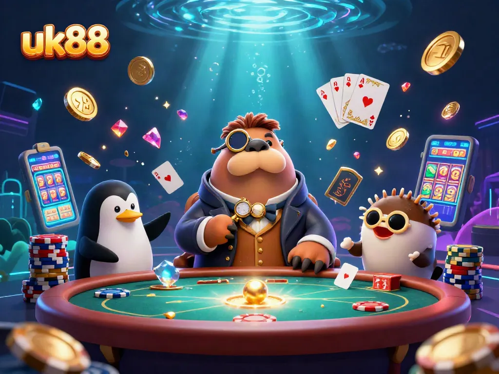 uk88 casino players enjoy poker with a jolly walrus, penguin dealer, and pufferfish in vibrant underwater scene