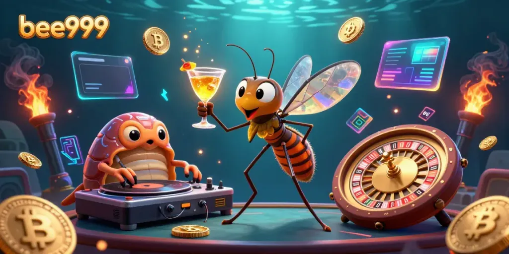 Experience the excitement of bee999 with vibrant 3D casino illustrations showcasing unique characters and crypto elements.