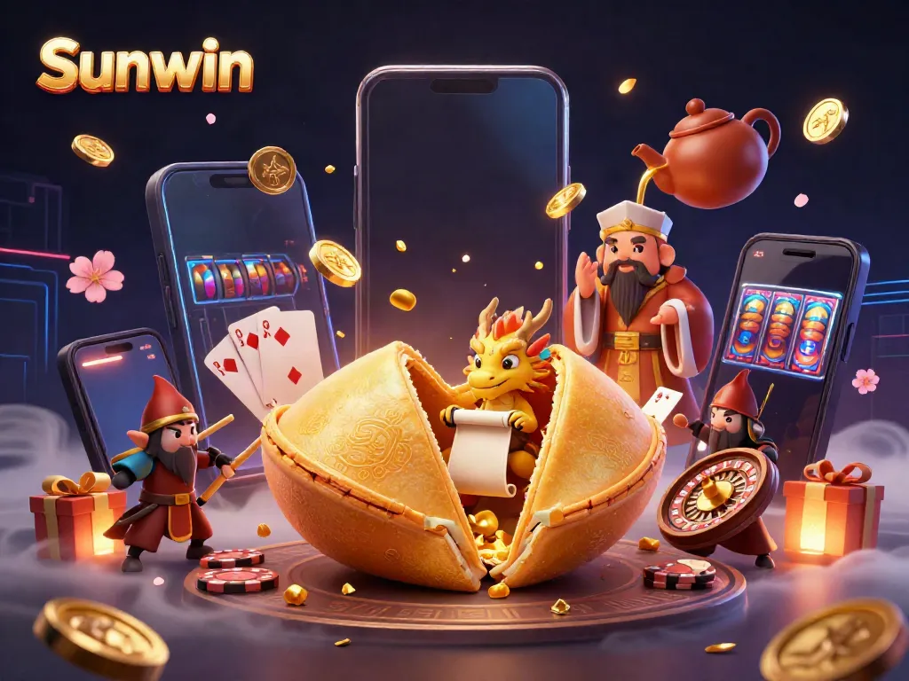Engage in exciting winnings at Sunwin with a rich array of games symbolized by a golden fortune cookie and dynamic smartphone graphics.