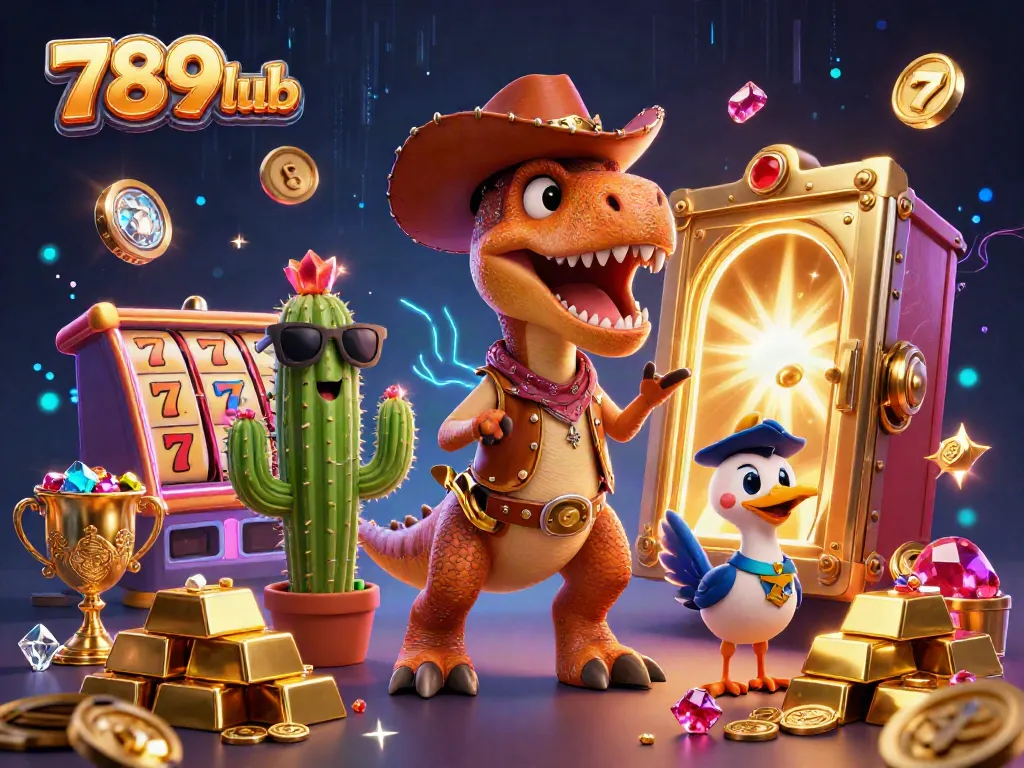 Experience thrilling wins at 789club with casino-themed characters amidst dazzling treasures.