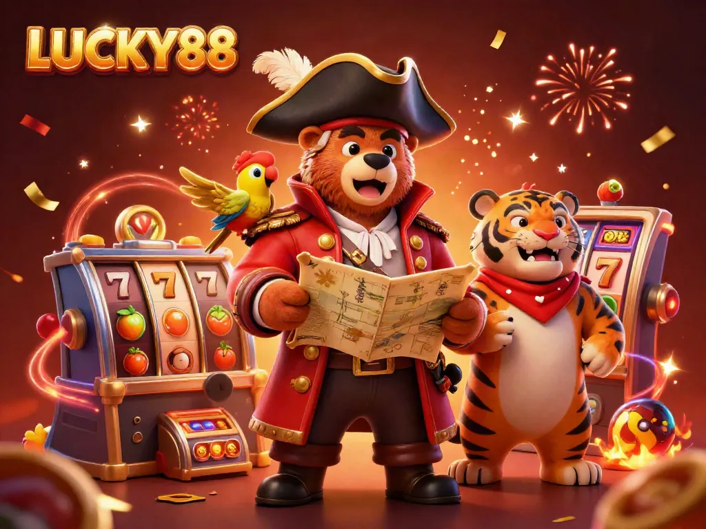 Experience the excitement of LUCKY88 with a vibrant 3D pirate illustration showcasing a playful atmosphere of gambling.