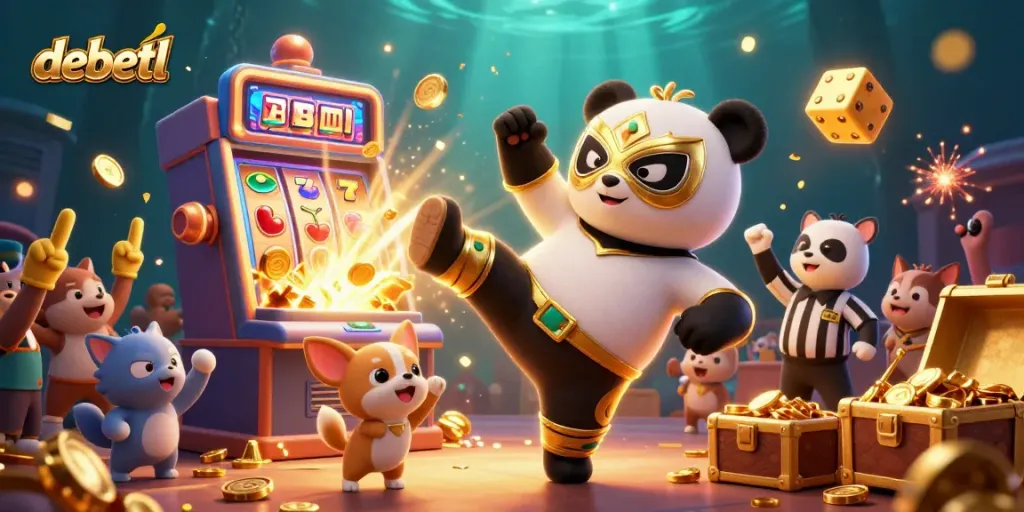Experience the excitement of debetl with a panda wrestler and golden jackpots in 3D!