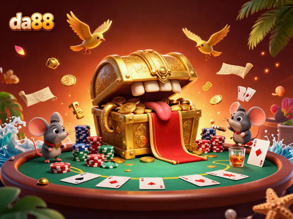 Experience thrilling winnings at da88 with a vibrant illustration of a treasure chest, poker elements, and an adventurous atmosphere.