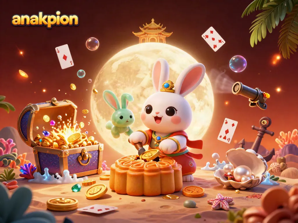 Experience winning with anakpion as the rabbit pounds mooncakes revealing poker chips, vibrant casino elements abound.