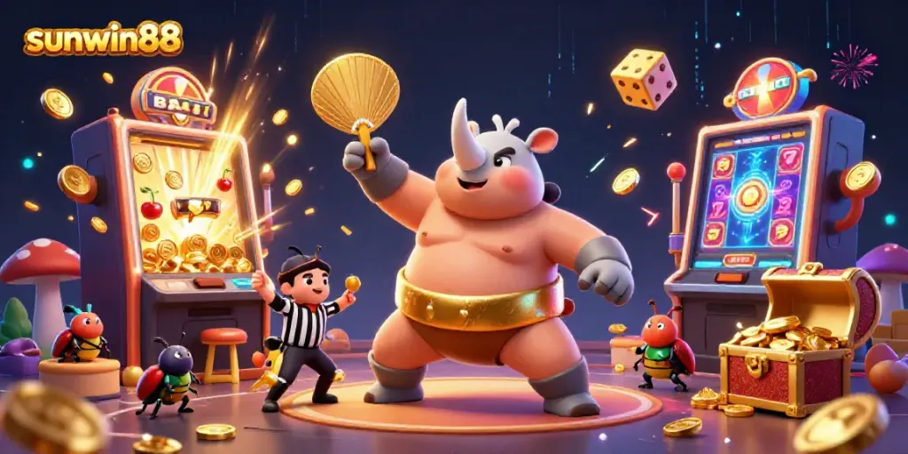 Watch the sunwin88 sumo beetle champion stomp flying coins in this vibrant casino scene.