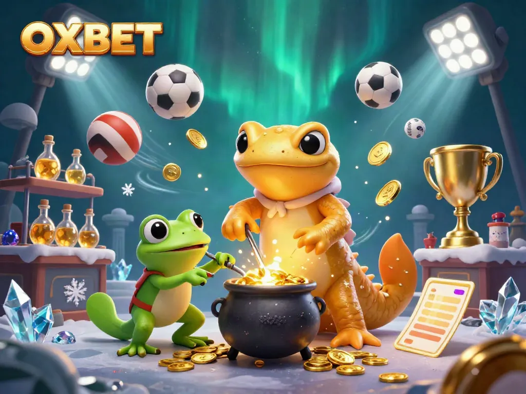 Experience the excitement of OXBET with a vibrant 3D casino scene showcasing a golden salamander alchemist and dynamic sports elements.