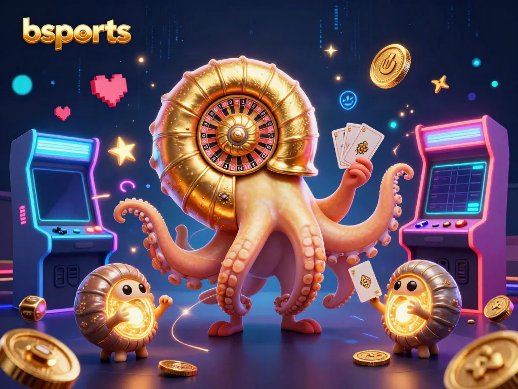 Bets and tactics unfold in the colorful 3D realm of bsports, showcasing vibrant arcade elements and a stunning nautilus roulette centerpiece.