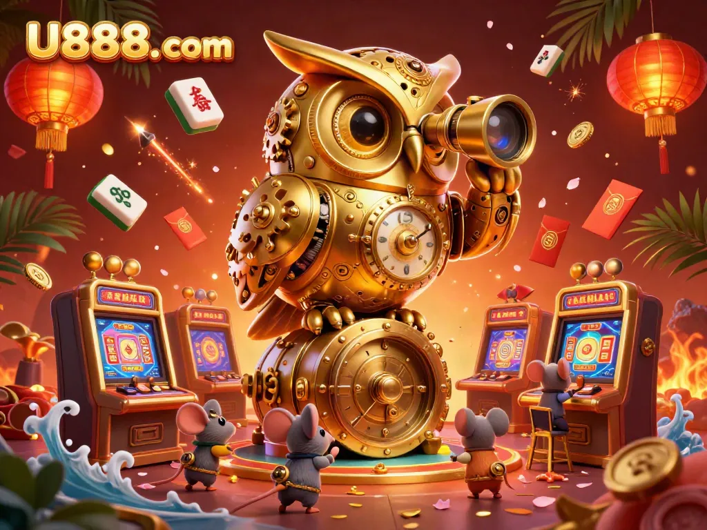 Engage with U888. com at this vibrant casino scene featuring a golden owl and bustling patrons.