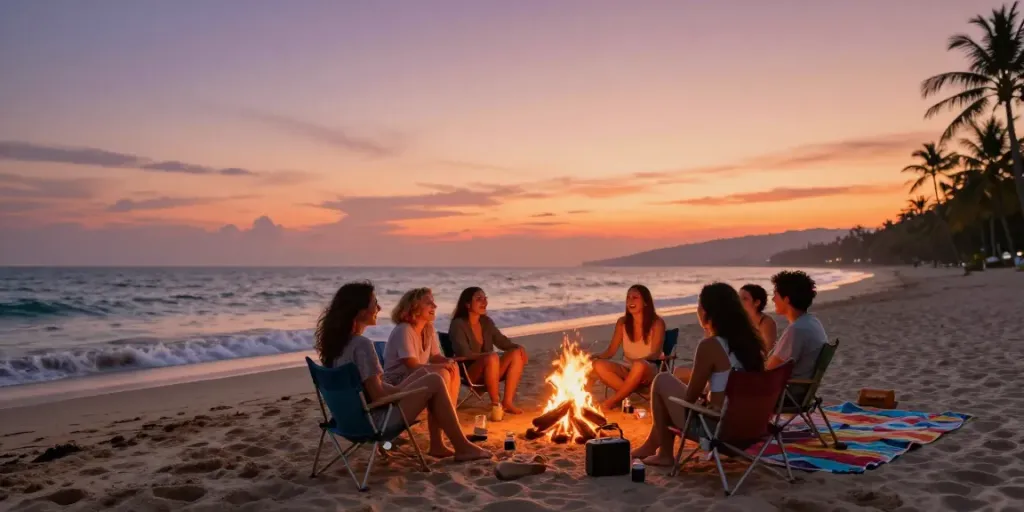 Teman-teman berkumpul di pantai saat matahari terbenam, menikmati momen santai dengan api unggun, roti marshmallow, dan suasana hangat.