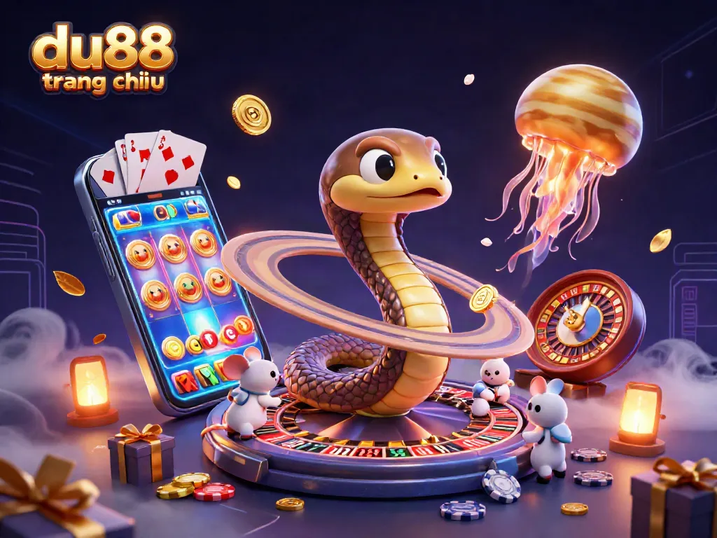 Experience du88 trang chủ with vibrant cosmic gambling fun featuring a roulette ring snake and astronaut mice.