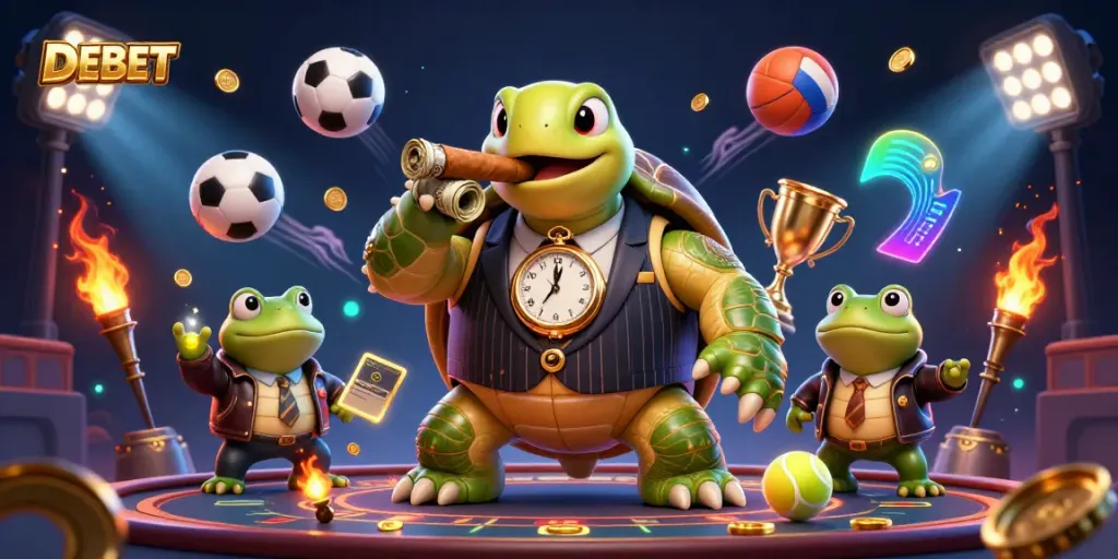 DEBET showcases a vibrant 3D scene where a snapping turtle in a mobster suit interacts with bullfrog enforcers amidst dynamic sports betting elements.