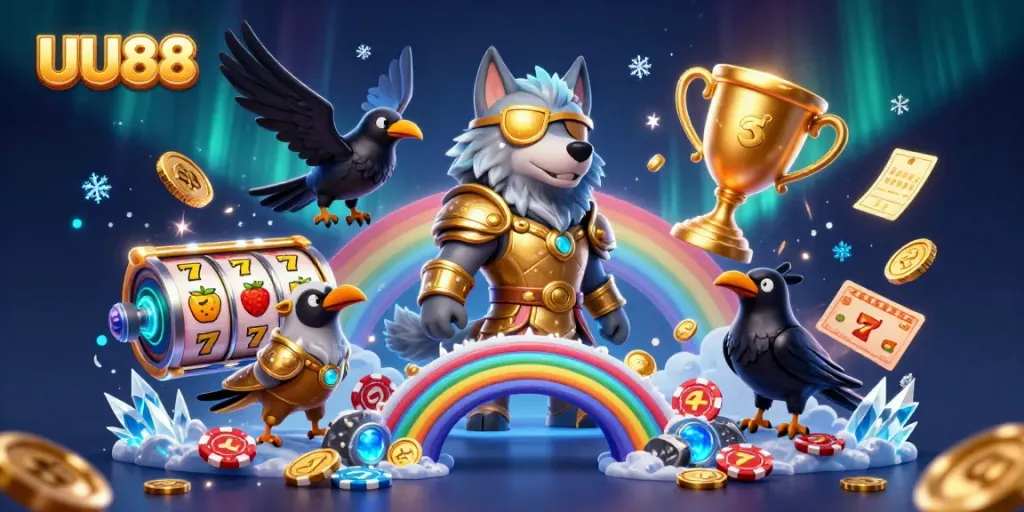 Engage with UU88's thrilling slot game adventure featuring vibrant Odin and two mystical ravens.