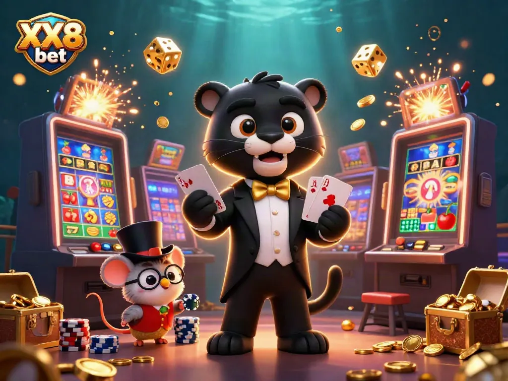 Catch winning moments at XX8 bet with a stylish panther dealing cards, surrounded by vibrant casino elements.
