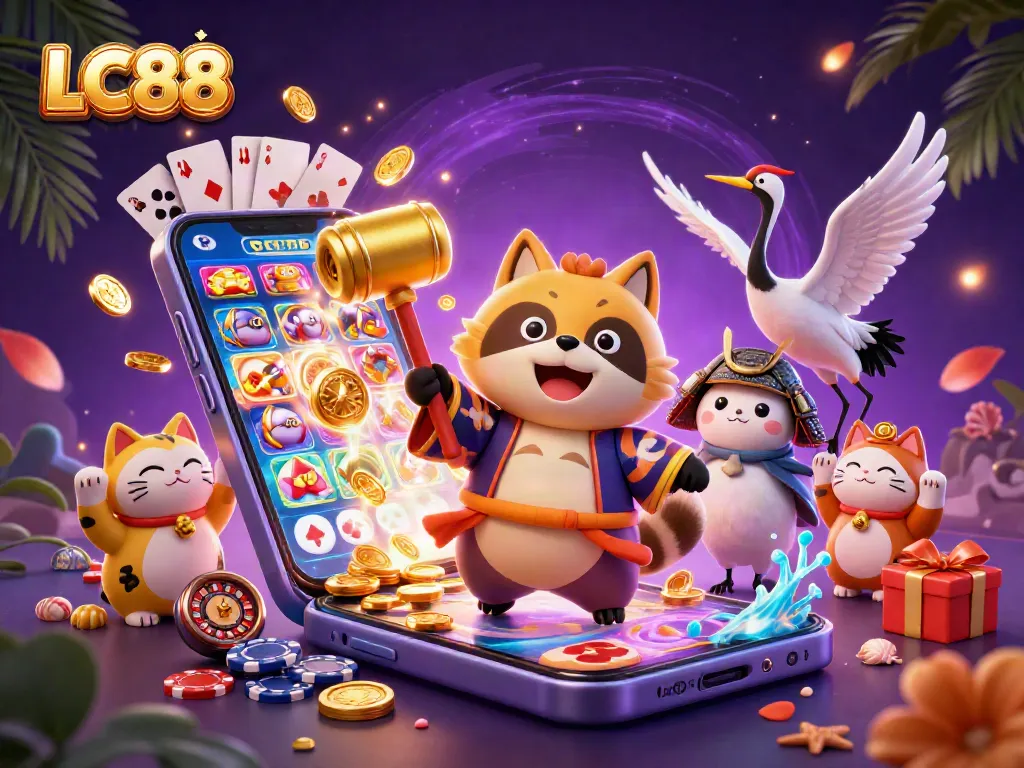 Engage in the vibrant gaming world of LC88, showcasing a cheerful tanuki and samurai crane amidst a flurry of casino action.