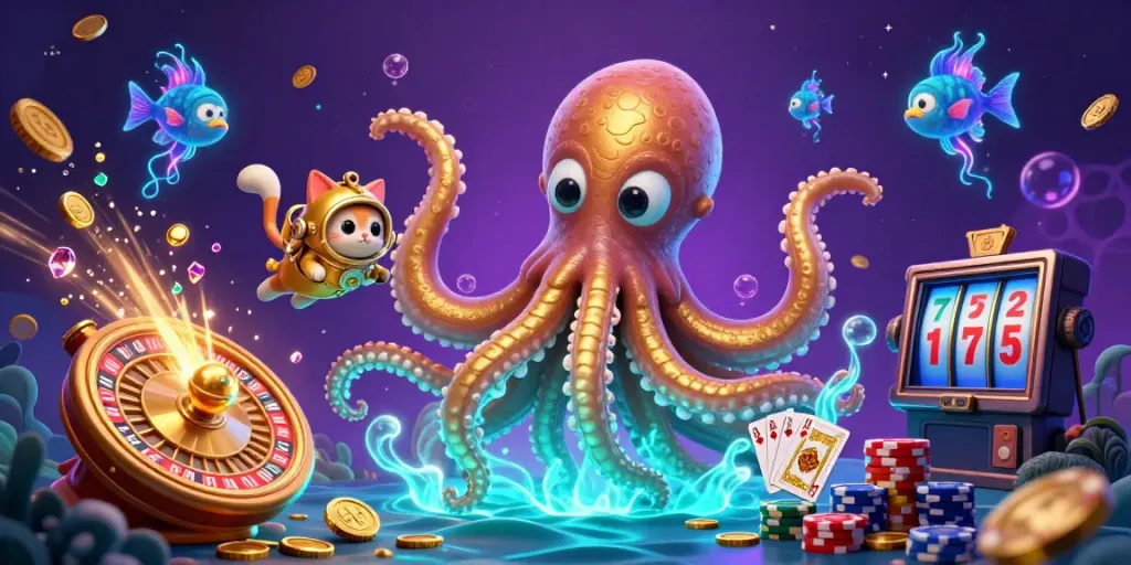 Experience winning with ea 88's dynamic casino adventures featuring a kraken, diving cat, and vibrant gambling elements.