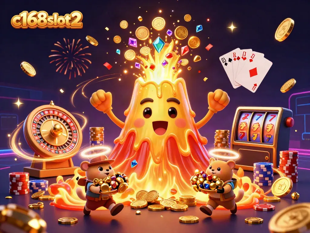 Experience the thrilling eruption of treasure and excitement from the c168slot2 volcano in this vibrant casino-themed illustration.