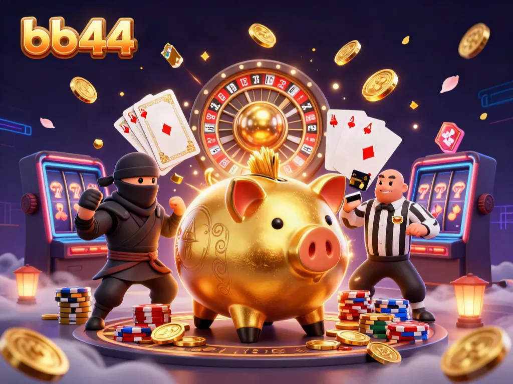 Engage in thrilling gaming action at bb44 with a dynamic casino scene featuring colorful chips and golden coins.