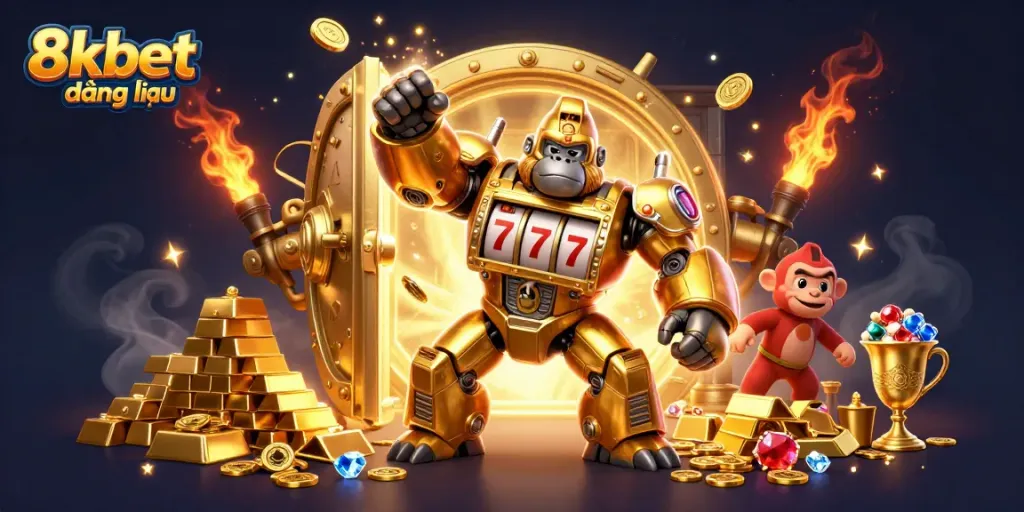 Experience the thrill of 8xbet đăng nhập with a golden gorilla mech celebrating big wins amidst treasures.