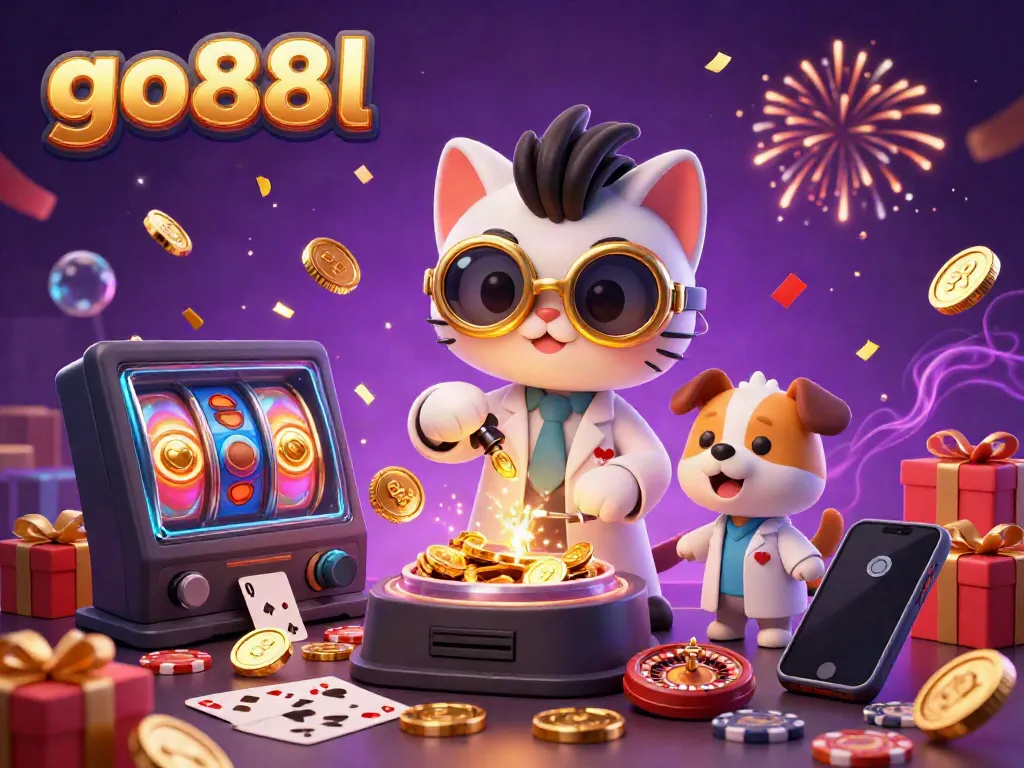 Join the excitement at go88l with a playful cat scientist and dog assisting in a magical casino scene.