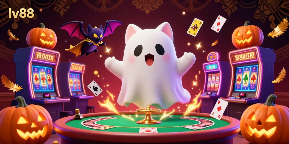 Experience the thrill of gaming at lv88 with a friendly ghost cat and captivating casino elements.