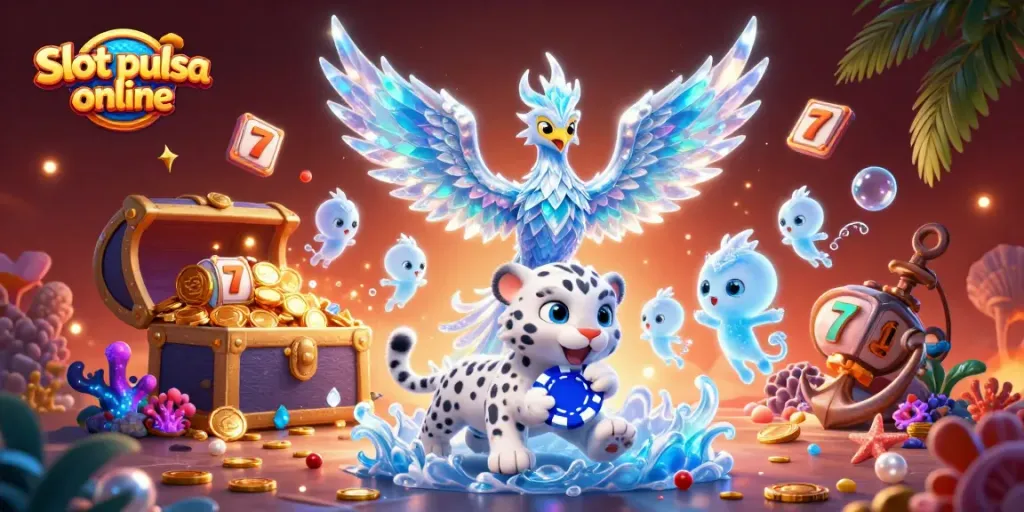Play slot pulsa online with the vibrant scene of an ice phoenix, poker chips, and glowing sprites