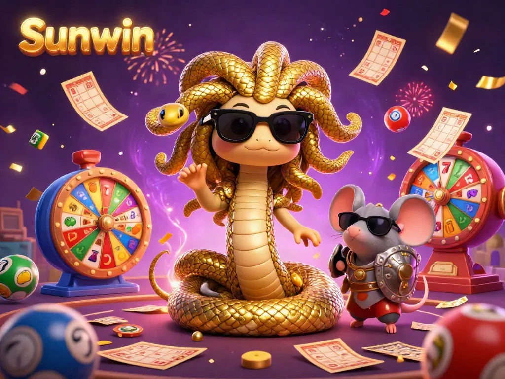Engage with Sunwin’s vibrant casino scene featuring Medusa and a warrior, showcasing exciting bingo and slot elements.