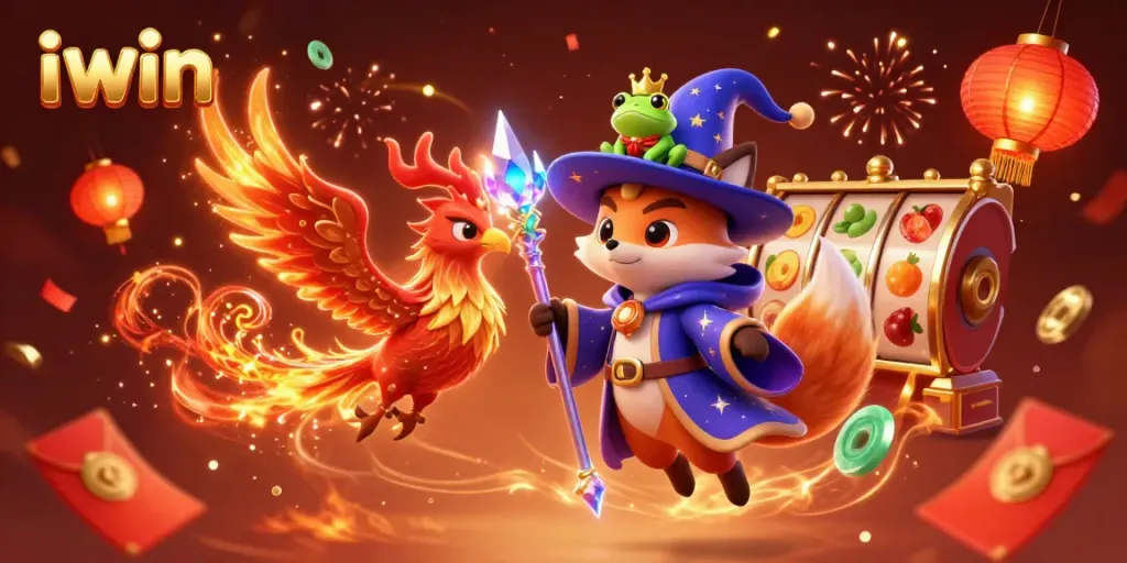 Experience thrilling gaming at iwin with a lively 3D casino illustration featuring vibrant characters and slot reels.