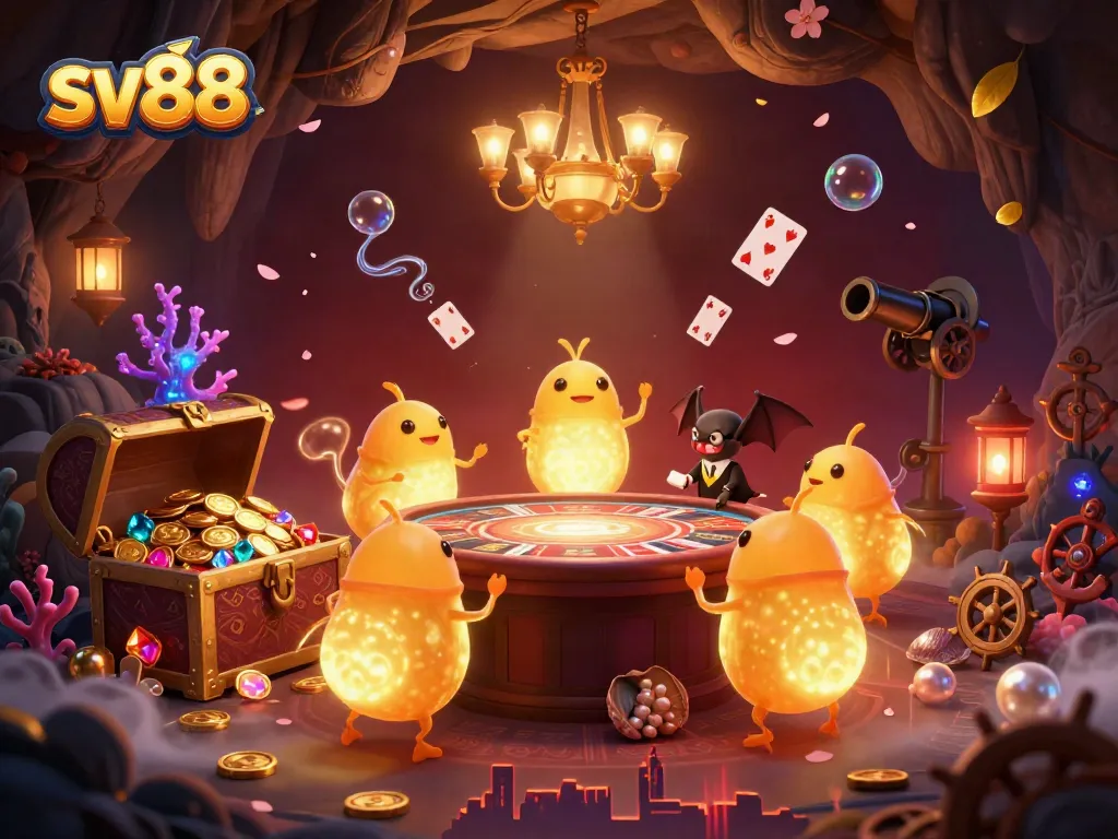 Experience sv88's thrilling cave casino with glowworms and vibrant gaming elements in a fantasy scene.