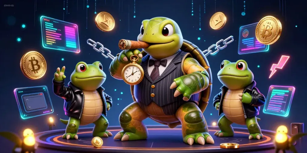 Experience the vibrant world of DN88 with a lively 3D casino scene featuring a turtle in a mobster suit and crypto-themed elements.