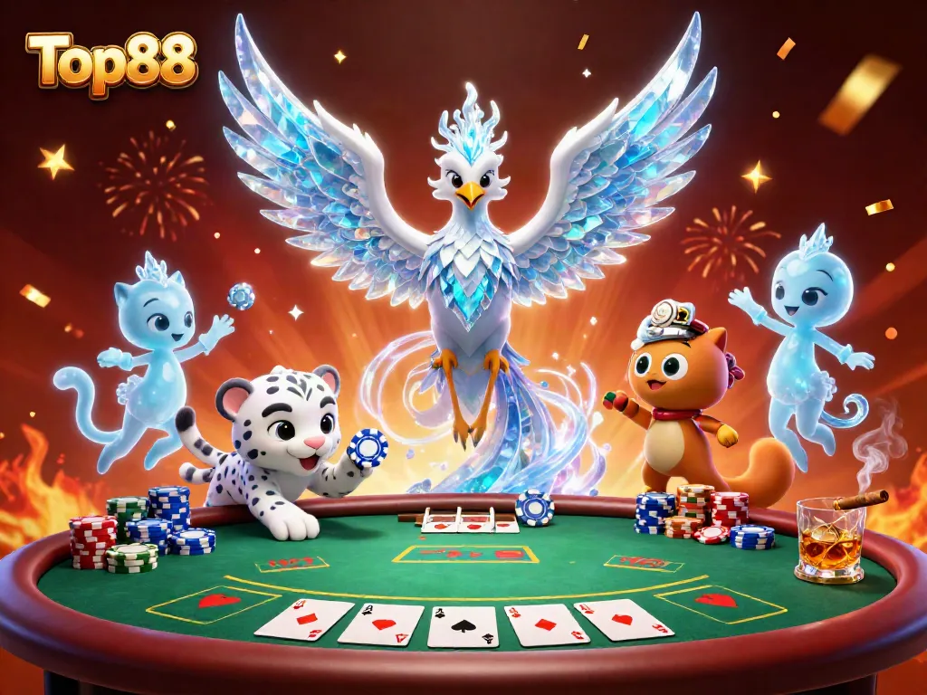 Engage with Top88 in a vibrant casino scene featuring an ice phoenix and poker elements for immersive play.