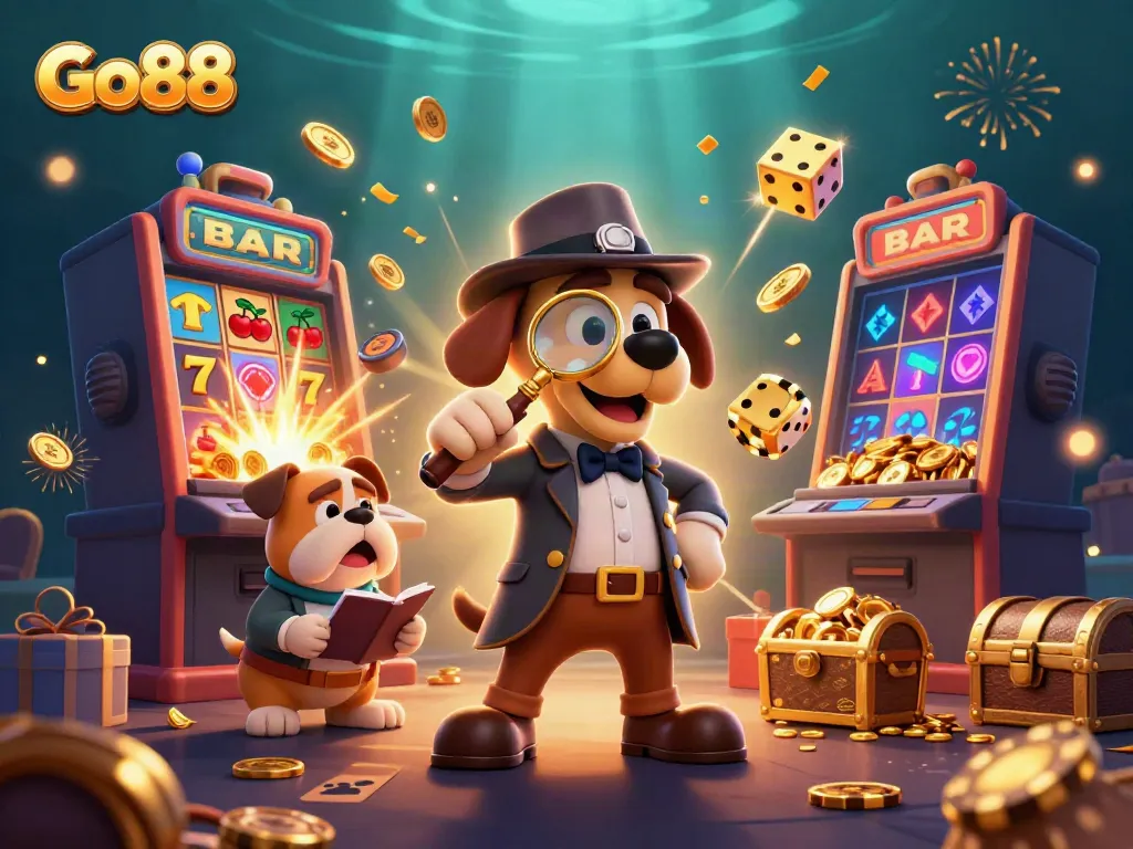 Engaging scene showcasing Go88 casino detective uncovering hidden treasures in dynamic gambling environment.