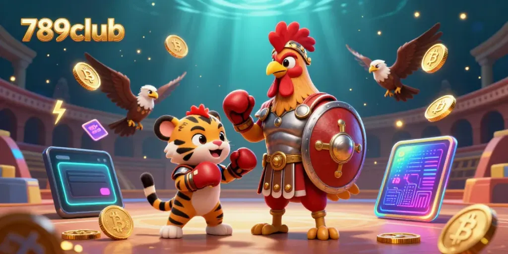 Join the exciting world of 789clubb with dynamic characters illustrating online gaming synergy in a vibrant casino setting.